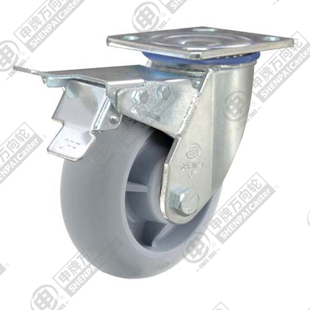 5" Top Plate Swivel Caster, Plastic-core TPE Wheel, Total Lock Brake