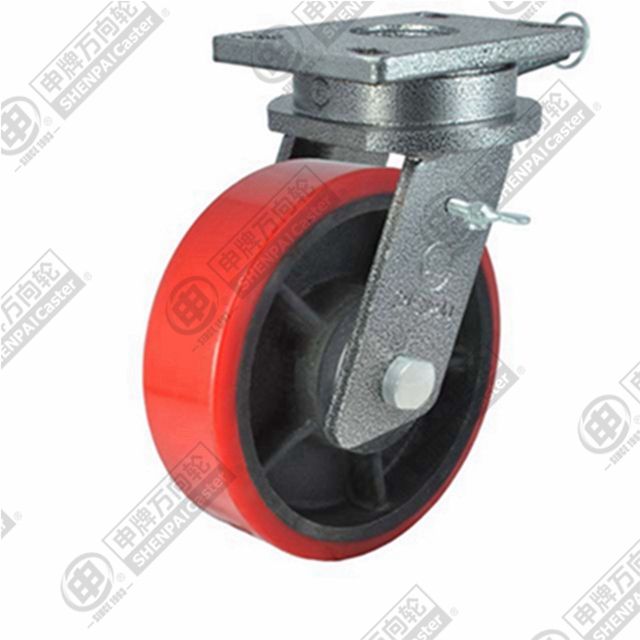 12" Top Plate Swivel Caster, Iron Core Polyurethane Wheel, Direction Lock Brake