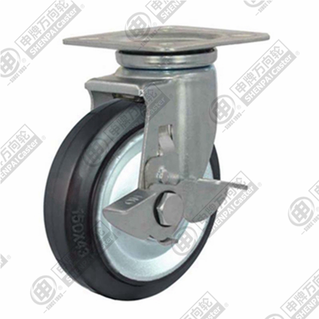 8" Top Plate Swivel Caster, Steel Core Rubber Wheel, Total Lock Brake