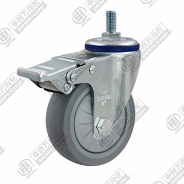 4" Threaded Stem Swivel Caster, Plastic-core TPE Wheel, Total Lock Brake, M12*25