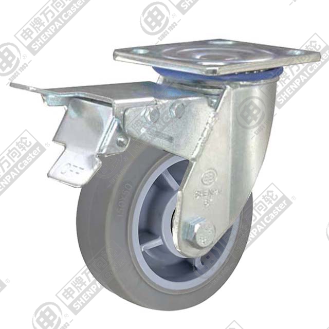 5" Top Plate Swivel Caster, Plastic-core TPE Wheel, Total Lock Brake