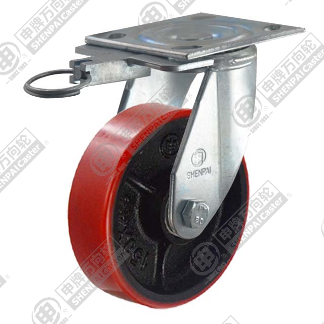 5" Top Plate Swivel Caster, Iron Core Polyurethane Wheel, Direction Lock Brake