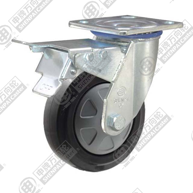 5" Top Plate Swivel Caster, Nylon Core Rubber Wheel, Total Lock Brake