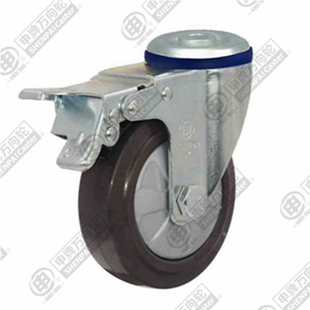 5" Bolt Hole Swivel Caster, Nylon Core Rubber Wheel, Total Lock Brake