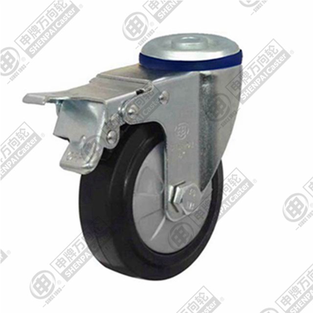 5" Bolt Hole Swivel Caster, Nylon Core Rubber Wheel, Total Lock Brake