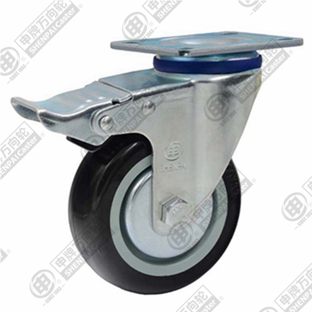 5" Top Plate Swivel Caster, Plastic-core Polyurethane Wheel, Total Lock Brake