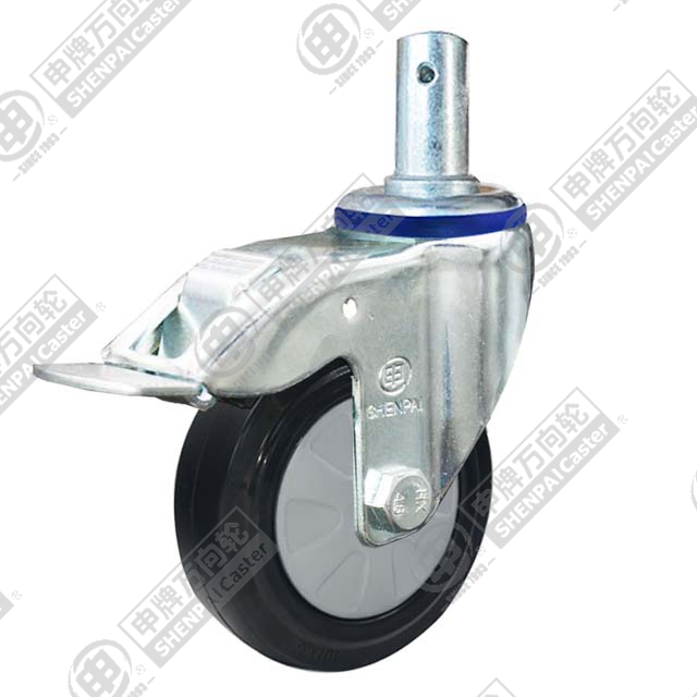 5" Round Stem Swivel Caster, Nylon Core Rubber Wheel, Total Lock Brake