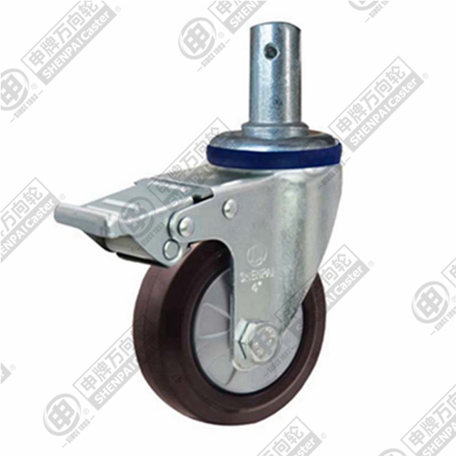 4" Round Stem Swivel Caster, Nylon Core Rubber Wheel, Total Lock Brake