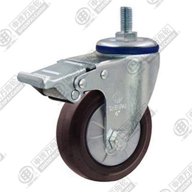 5" Threaded Stem Swivel Caster, Nylon Core Rubber Wheel, Total Lock Brake, M12*25