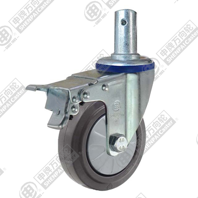 4" Round Stem Swivel Caster, Nylon Core Rubber Wheel, Total Lock Brake