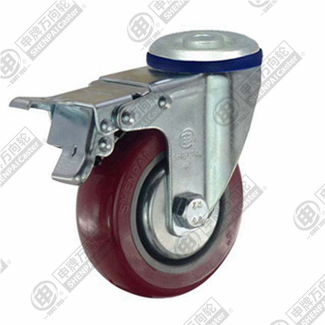 4" Bolt Hole Swivel Caster, Plastic-core Polyurethane Wheel, Total Lock Brake
