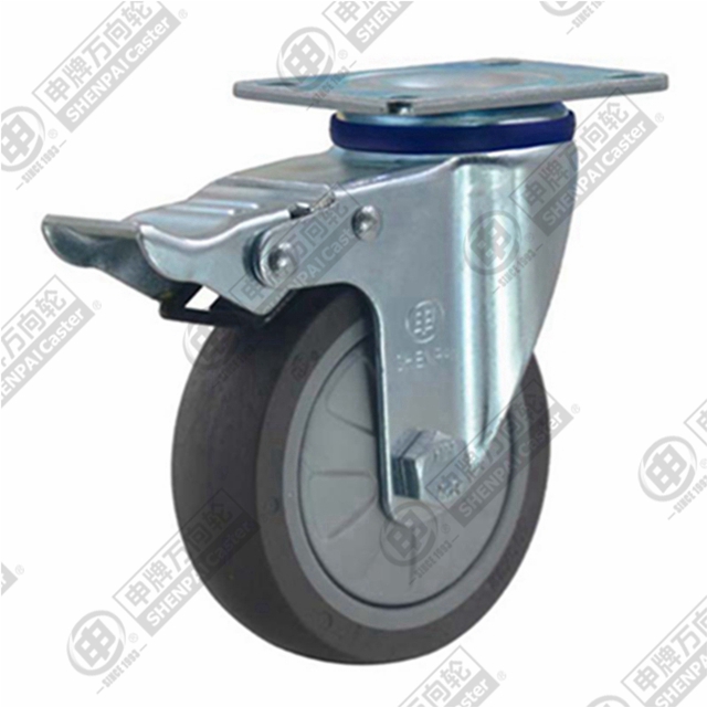 5" Top Plate Swivel Caster, Plastic-core TPE Wheel, Total Lock Brake
