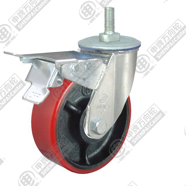 4" Threaded Stem Swivel Caster, Iron Core Polyurethane Wheel, Rear Parking Brake, M20*45