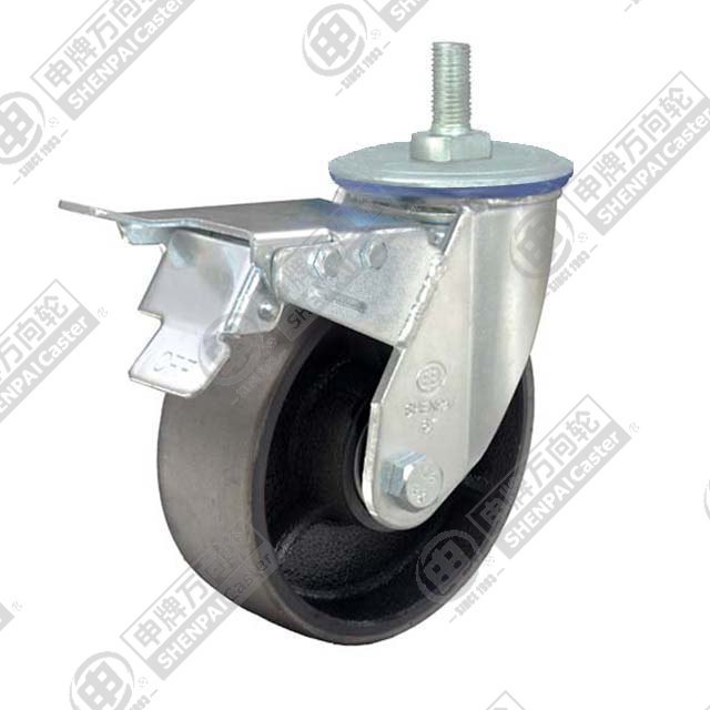 5" Threaded Stem Swivel Caster, Cast Iron Wheel, Total Lock Brake, M20*32