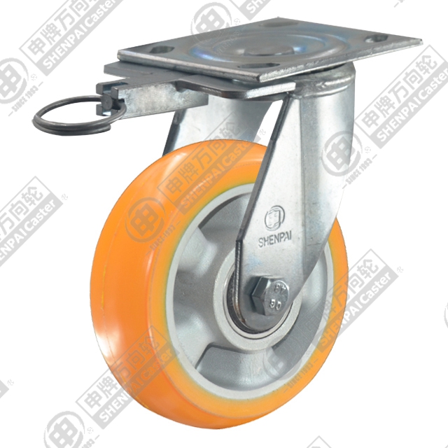 6" Top Plate Swivel Caster, Aluminum Core Polyurethane Wheel, Direction Lock Brake