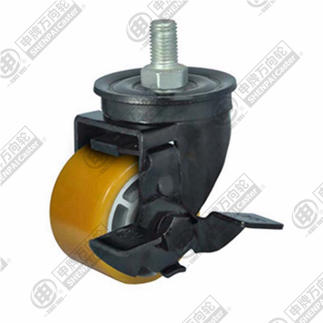 4" Threaded Stem Swivel Caster, Aluminum Core Polyurethane Wheel, Rear Parking Brake, M16*30