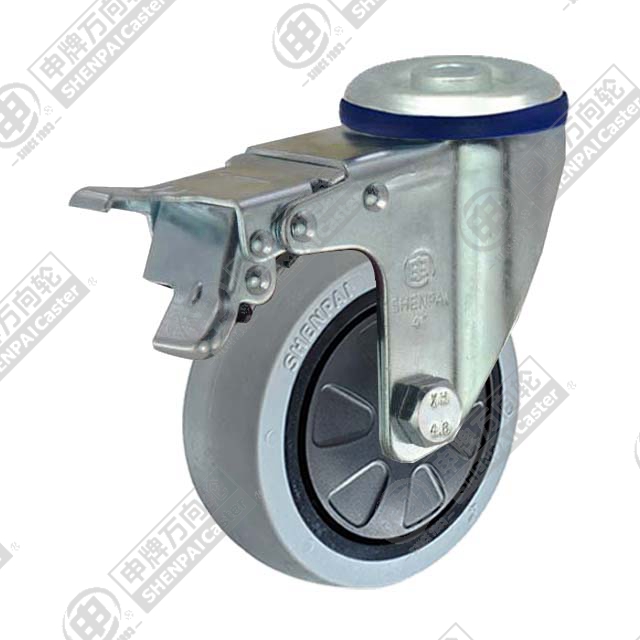 4" Bolt Hole Swivel Caster, Plastic-core TPE Wheel, Total Lock Brake