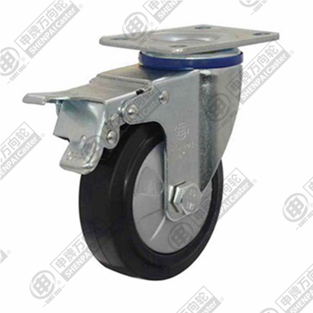 4" Top Plate Swivel Caster, Nylon Core Rubber Wheel, Total Lock Brake