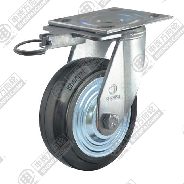 6" Top Plate Swivel Caster, Iron Core Rubber Wheel, Direction Lock Brake