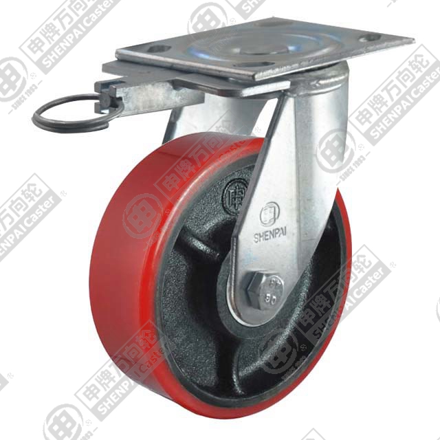 6" Top Plate Swivel Caster, Iron Core Polyurethane Wheel, Direction Lock Brake