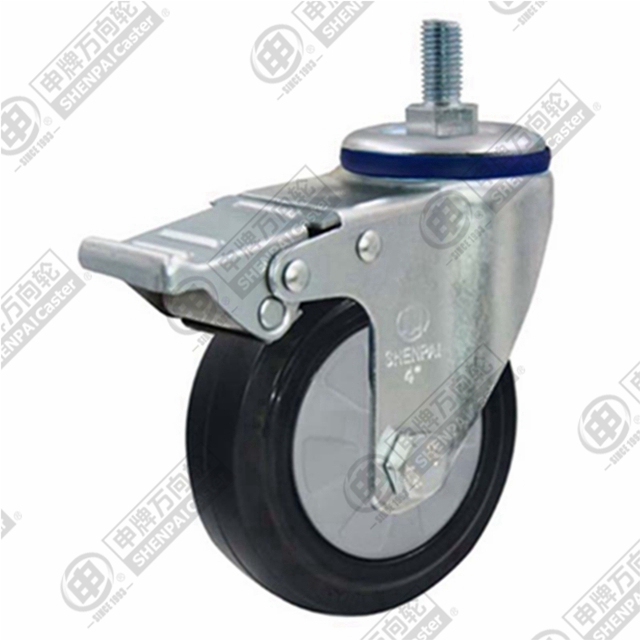 4" Threaded Stem Swivel Caster, Nylon Core Rubber Wheel, Total Lock Brake, M12*25