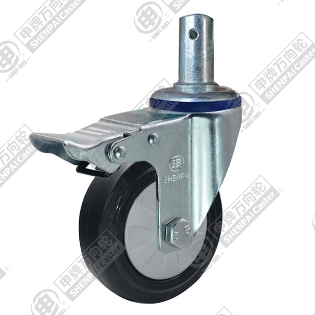 3" Round Stem Swivel Caster, Nylon Core Rubber Wheel, Total Lock Brake