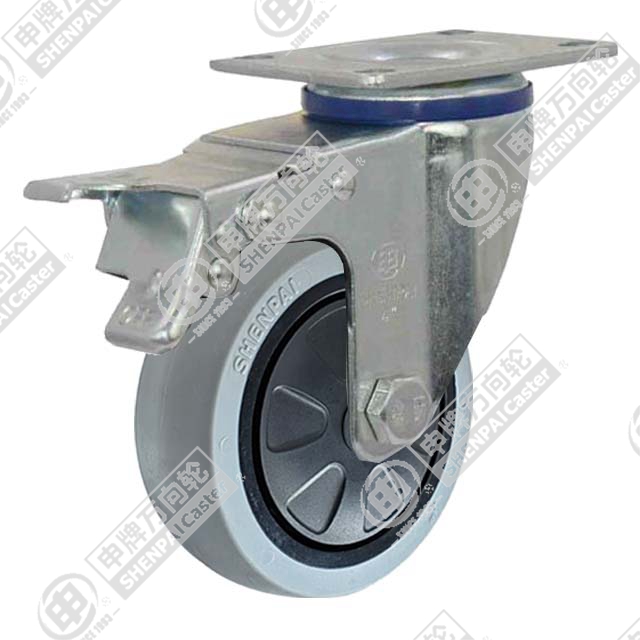 4" Top Plate Swivel Caster, Plastic-core TPE Wheel, Total Lock Brake