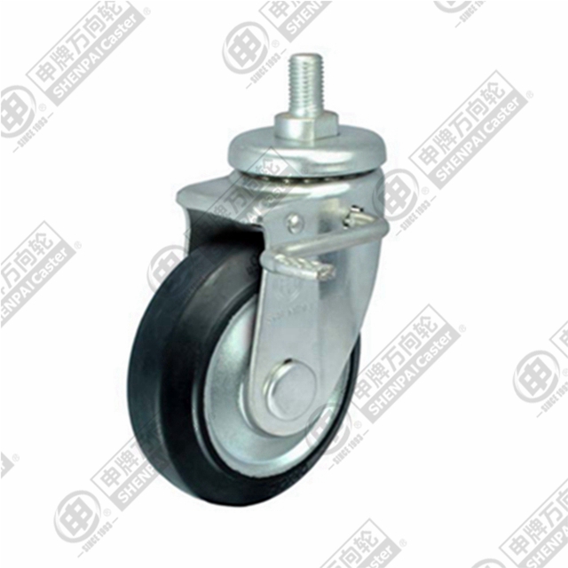 5" Threaded Stem Swivel Caster, Steel Core Rubber Wheel, Total Lock Brake, M16*45