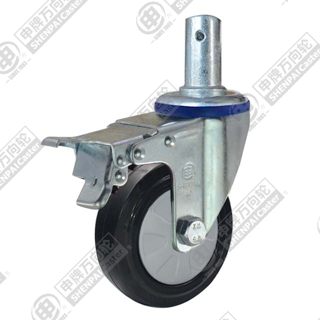 4" Round Stem Swivel Caster, Nylon Core Rubber Wheel, Total Lock Brake