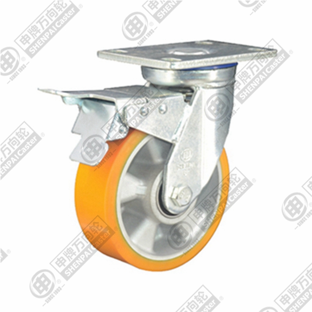 5" Top Plate Swivel Caster, Aluminum Core Polyurethane Wheel, Total Lock Brake
