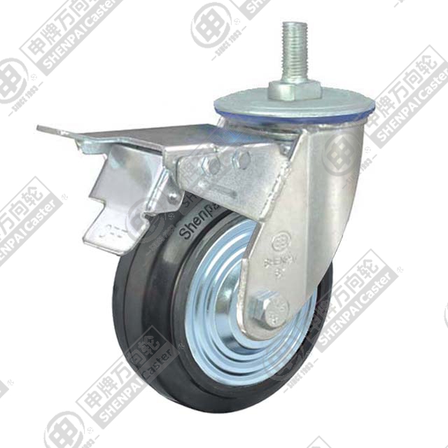 5" Threaded Stem Swivel Caster, Iron Core Rubber Wheel, Total Lock Brake, M20*32