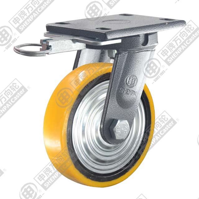 6" Top Plate Swivel Caster, Iron Core Polyurethane Wheel, Direction Lock Brake
