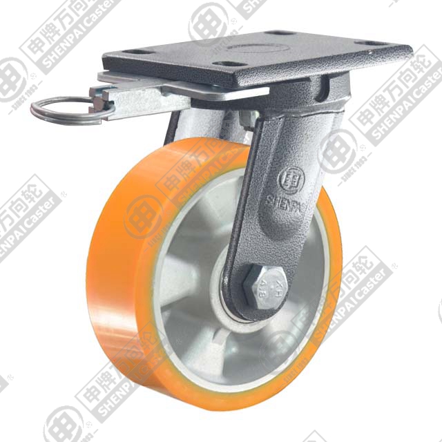 4" Top Plate Swivel Caster, Aluminum Core Polyurethane Wheel, Direction Lock Brake