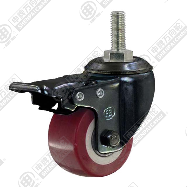 1.5" Threaded Stem Swivel Caster, Plastic-core Polyurethane Wheel, Total Lock Brake, M10*25