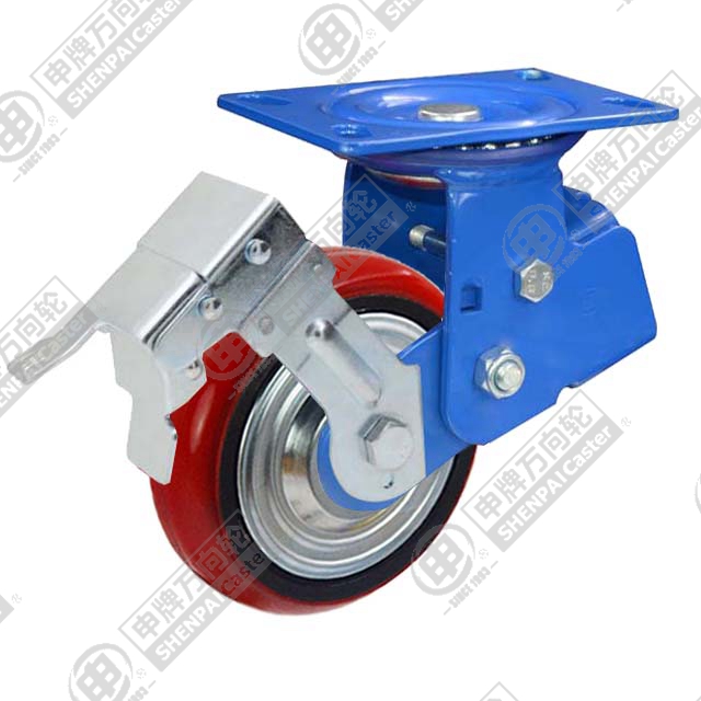 8" Top Plate Swivel Caster, Iron Core Polyurethane Wheel, Total Lock Brake