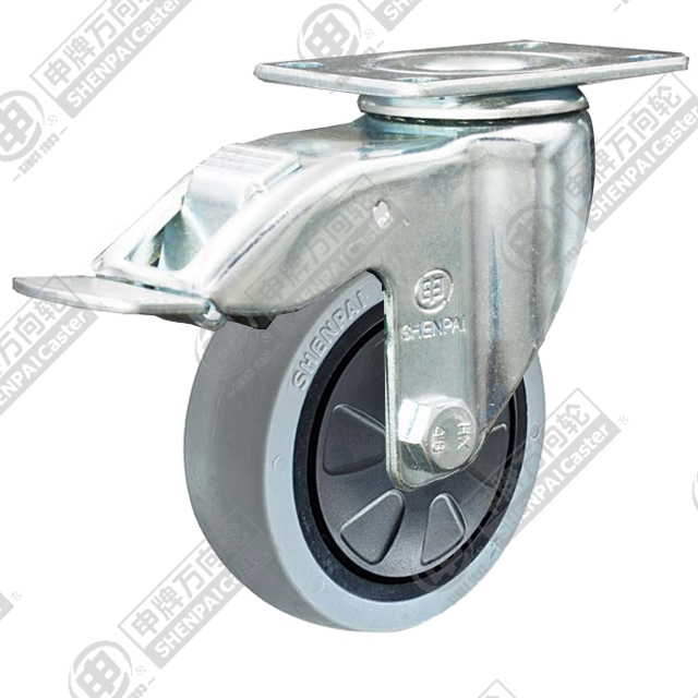 5" Top Plate Swivel Caster, Plastic-core TPE Wheel, Total Lock Brake