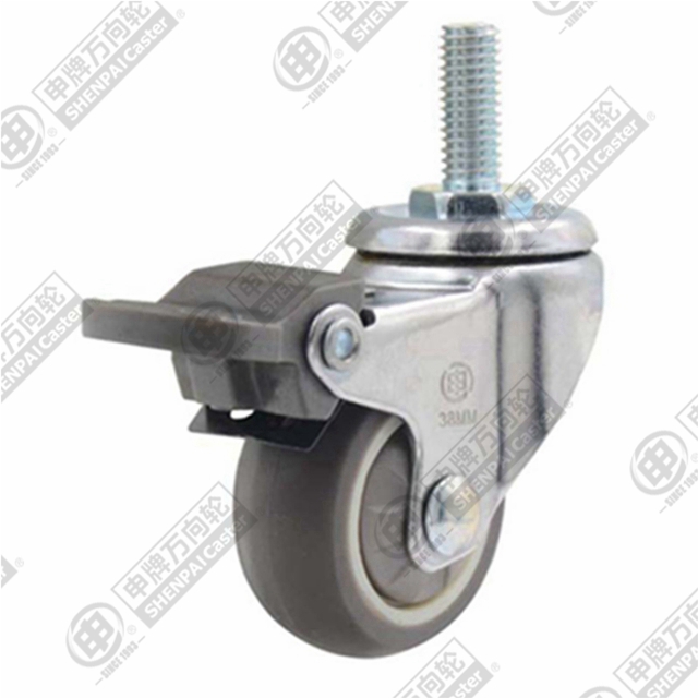 1.5" Threaded Stem Swivel Caster, Plastic-core TPE Wheel, Rear Parking Brake, M8*20
