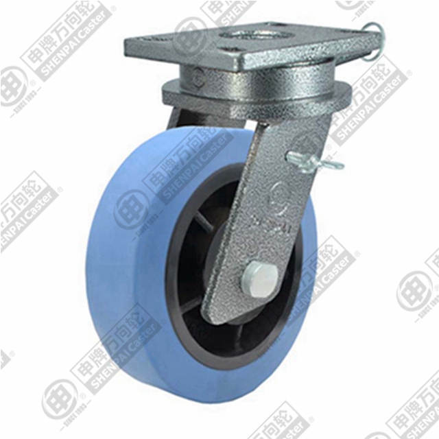 12" Top Plate Swivel Caster, Iron Core Nylon Wheel, Direction Lock Brake