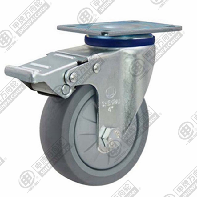 5" Top Plate Swivel Caster, Plastic-core TPE Wheel, Total Lock Brake