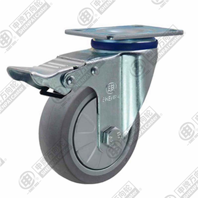 5" Top Plate Swivel Caster, Plastic-core TPE Wheel, Total Lock Brake