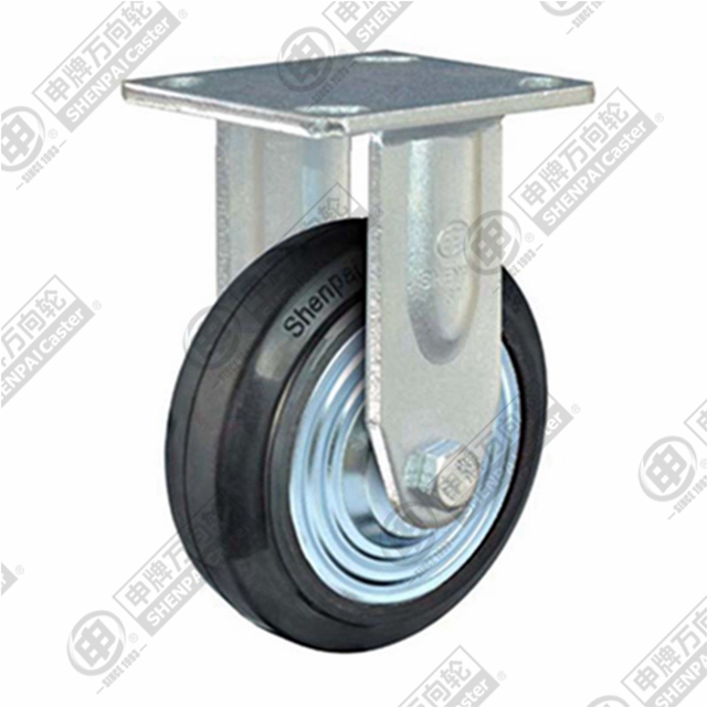 8" Top Plate Fixed Caster, Iron Core Rubber Wheel