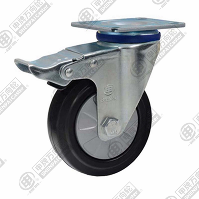3" Top Plate Swivel Caster, Nylon Core Rubber Wheel, Total Lock Brake