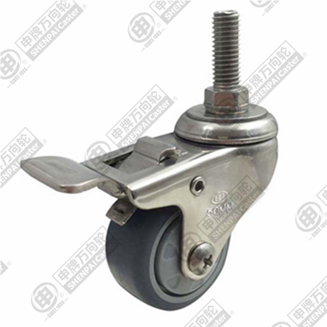 1.5" Threaded Stem Swivel Caster, Stainless Steel Frame, Plastic-core TPE Wheel, Total Lock Brake, M10*25
