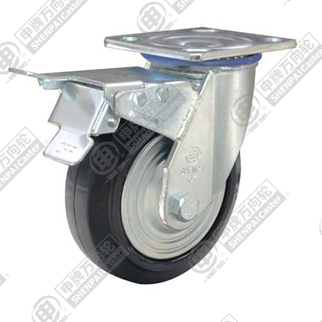 6" Top Plate Swivel Caster, Iron Core Rubber Wheel, Total Lock Brake