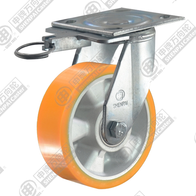 6" Top Plate Swivel Caster, Aluminum Core Polyurethane Wheel, Direction Lock Brake