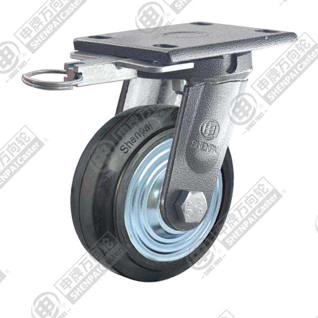8" Top Plate Swivel Caster, Iron Core Rubber Wheel, Direction Lock Brake
