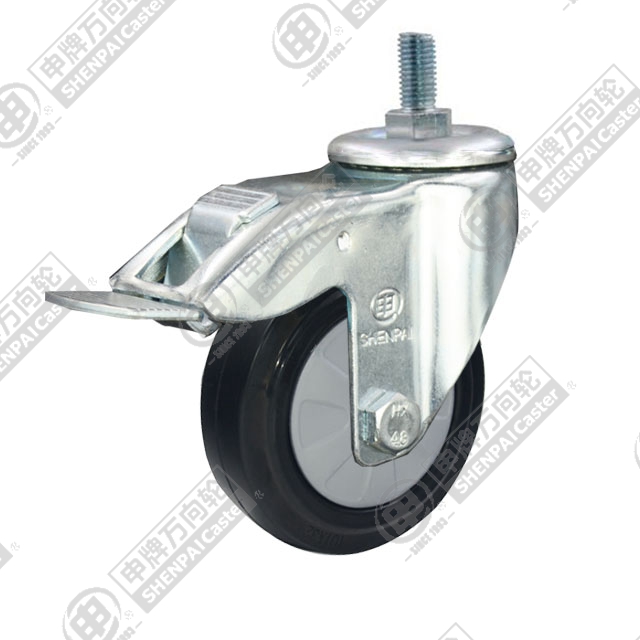 5" Threaded Stem Swivel Caster, Nylon Core Rubber Wheel, Total Lock Brake, M12*25