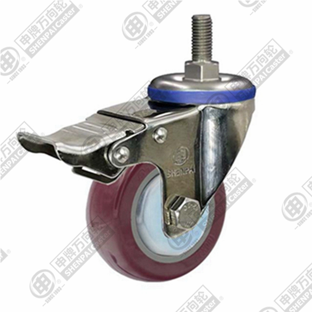 3" Threaded Stem Swivel Caster, Stainless Steel Frame, Plastic-core Polyurethane Wheel, Rear Parking Brake, M12*25
