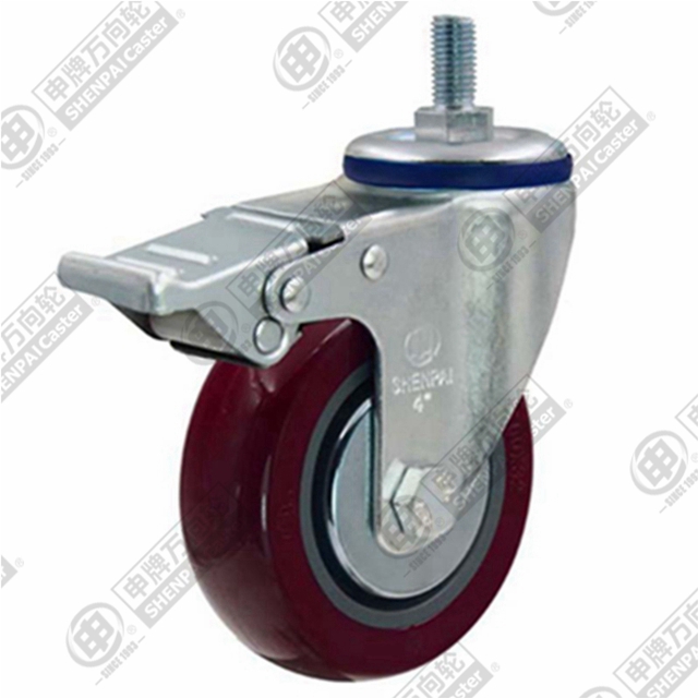 4" Threaded Stem Swivel Caster, Plastic-core Polyurethane Wheel, Total Lock Brake, M12*25