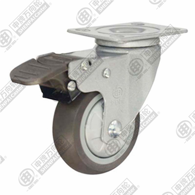 3" Top Plate Swivel Caster, Plastic-core TPE Wheel, Total Lock Brake